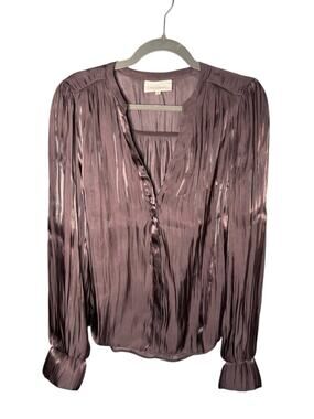 Melloday Brown Shimmery Low V Neck Blouse Long Sleeve Large